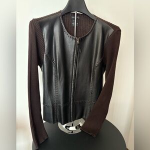 Vintage Dark Brown Women’s Sweater Jacket w Faux Leather Panels, Zip Front Sz S